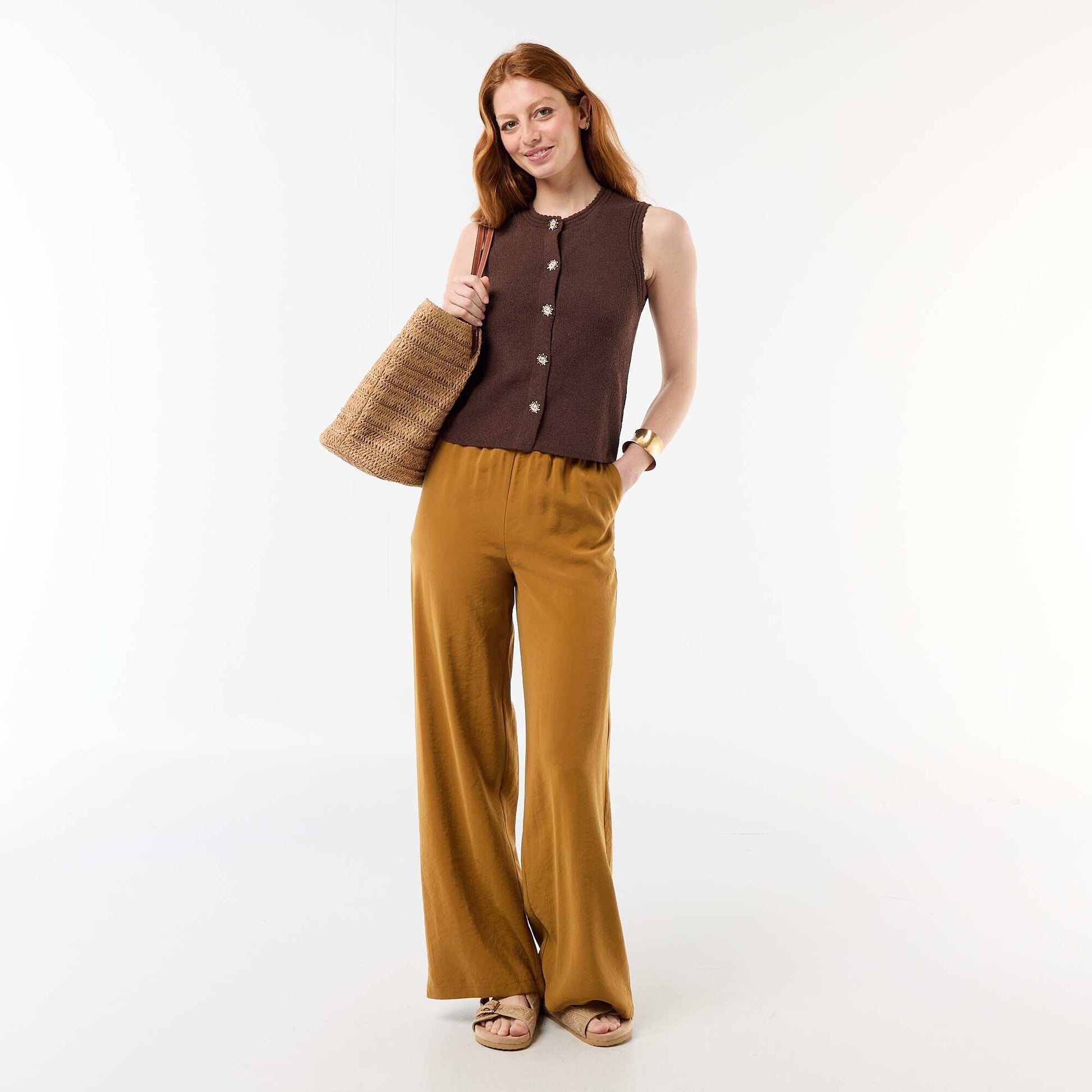 Sleeveless Top with Gold Buttons BROWN