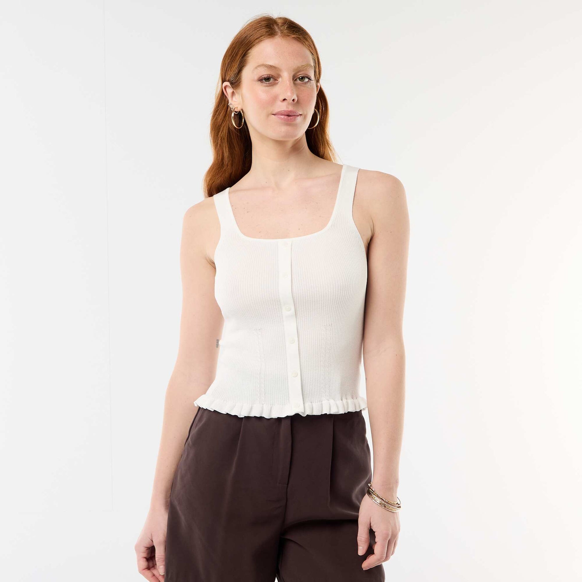 Ribbed Tank Top with Faux Button Front WHITE
