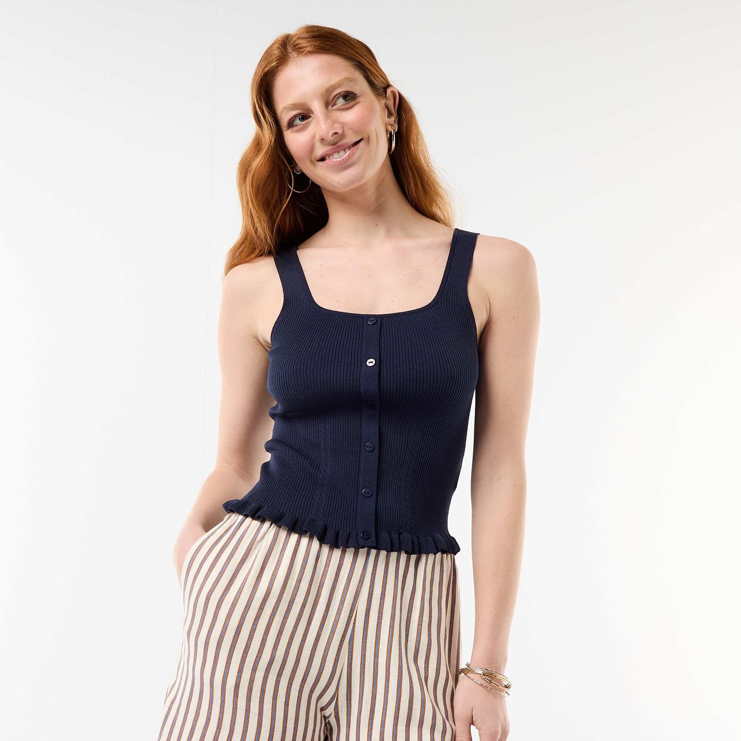 Ribbed Tank Top with Faux Button Front BLUE