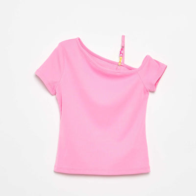 Ribbed asymmetric collar top PINK