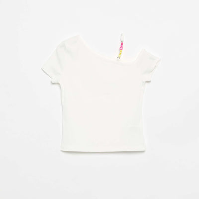 Ribbed asymmetric collar top WHITE