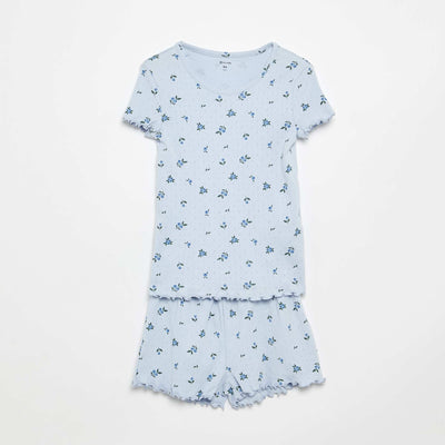 Pointelle Knit T-shirt and Shorts Pajama Set - 2 Pieces BLUE