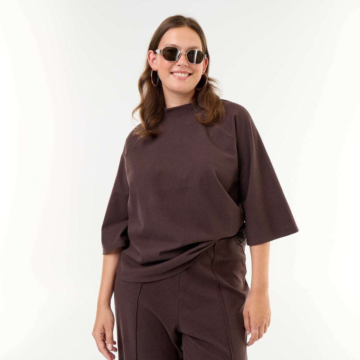 Long-sleeved plush knit T-shirt BROWN