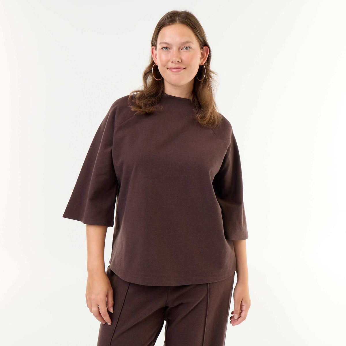 Long-sleeved plush knit T-shirt BROWN