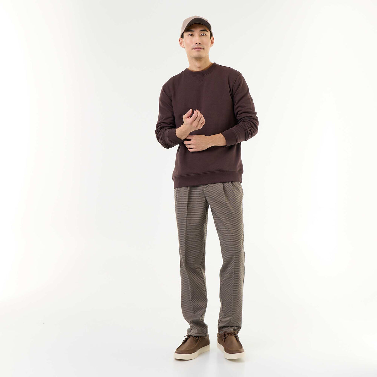 Solid Crew Neck French Terry Sweatshirt BROWN
