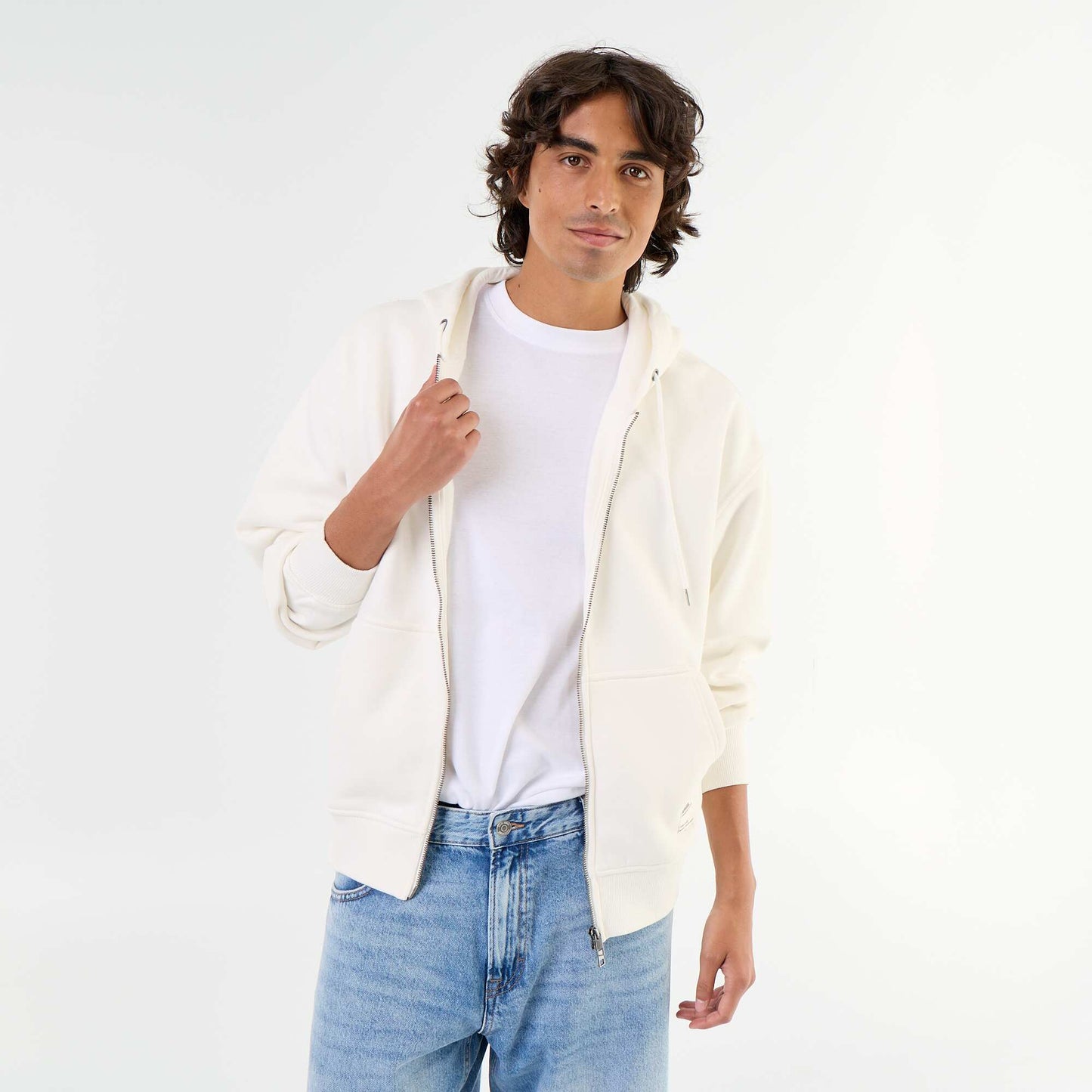 Plain zip-up hooded sweatshirt WHITE