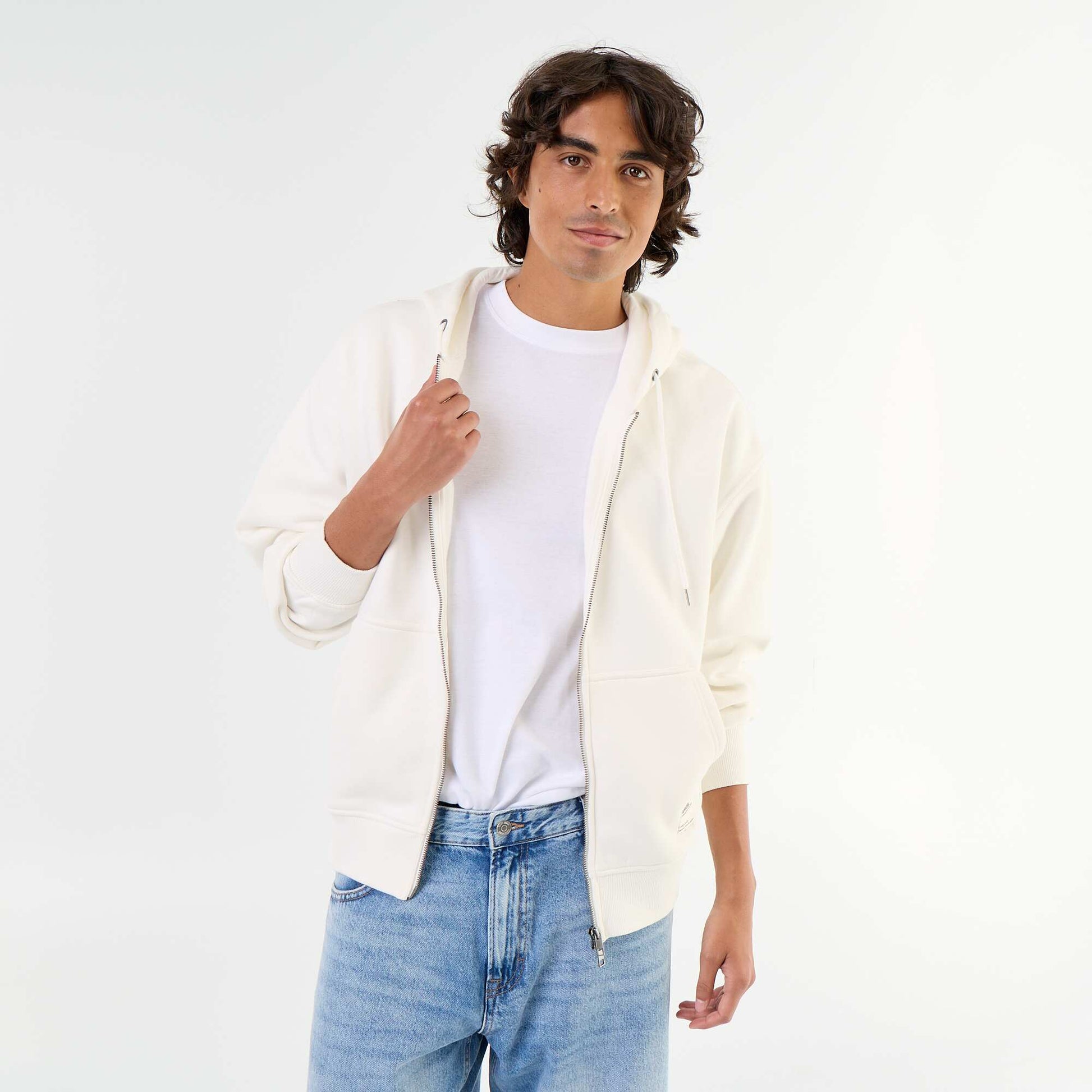 Plain zip-up hooded sweatshirt WHITE