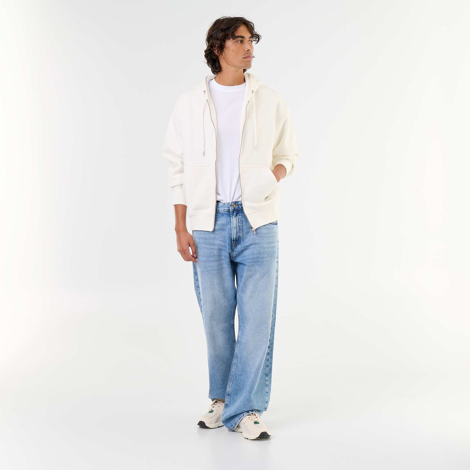 Plain zip-up hooded sweatshirt WHITE