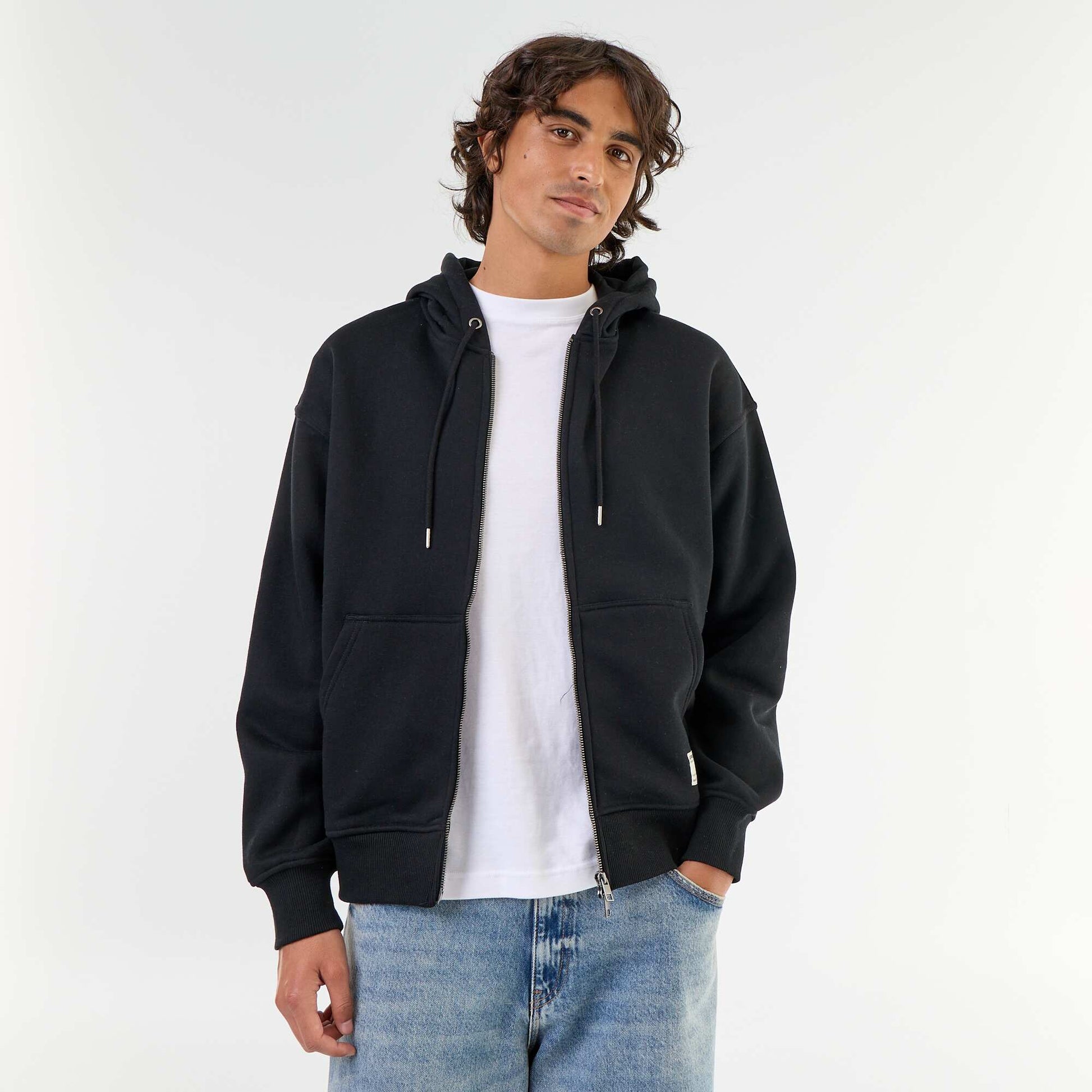 Plain zip-up hooded sweatshirt BLACK