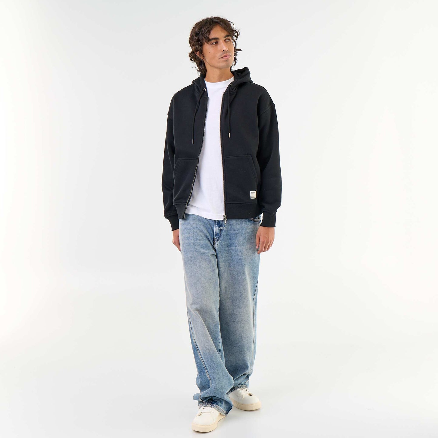 Plain zip-up hooded sweatshirt BLACK