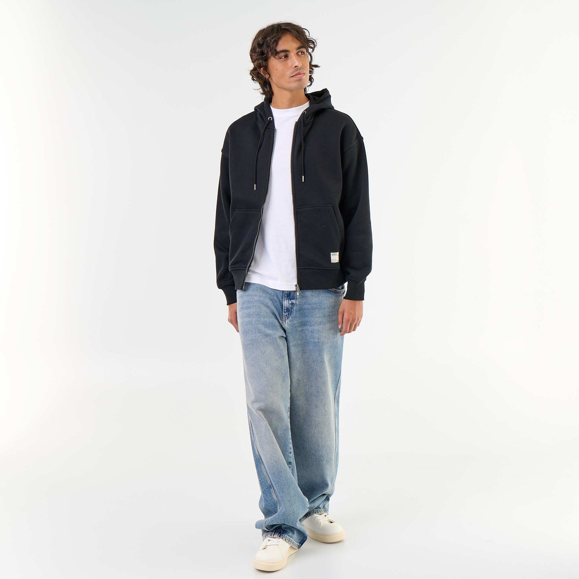 Plain zip-up hooded sweatshirt BLACK