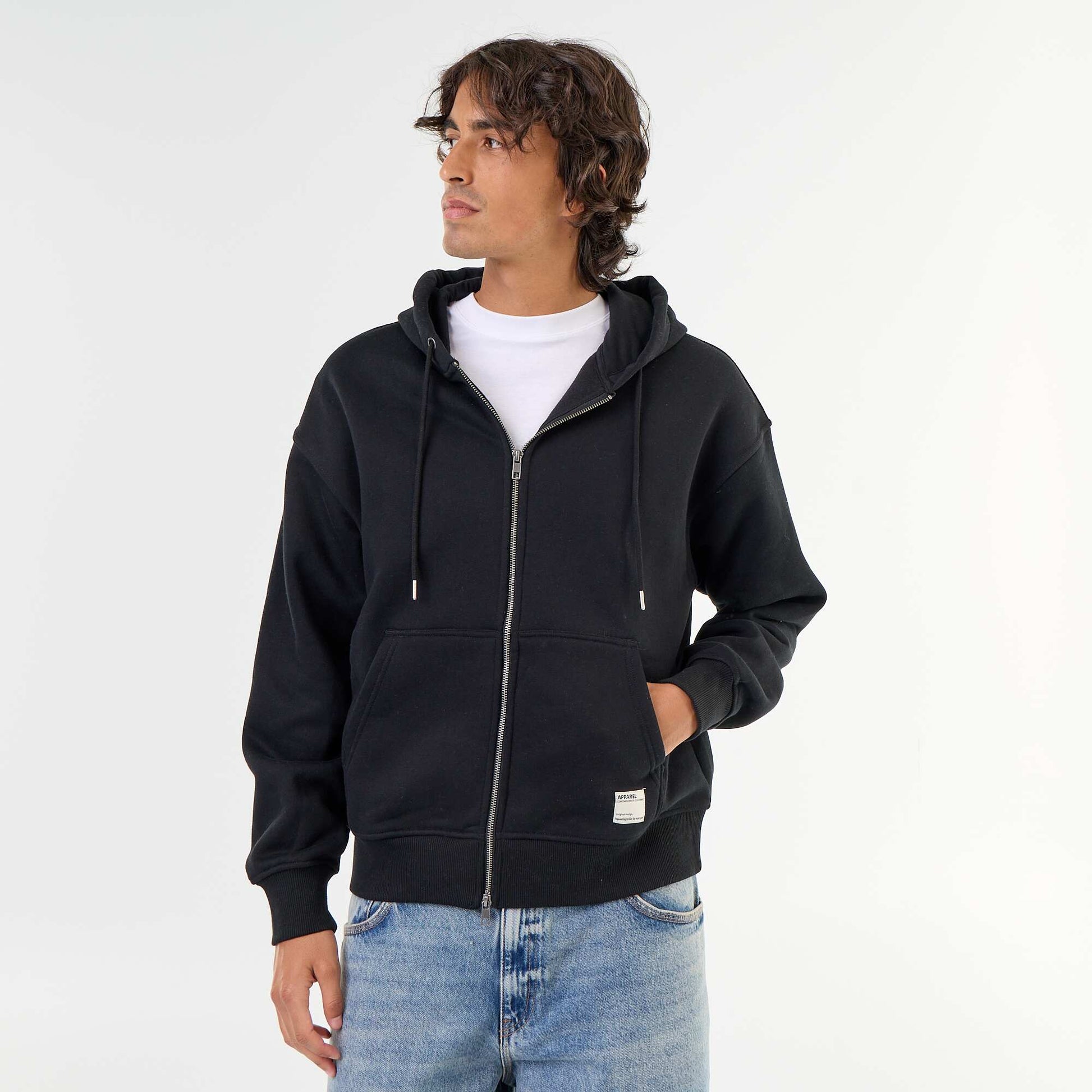 Plain zip-up hooded sweatshirt BLACK