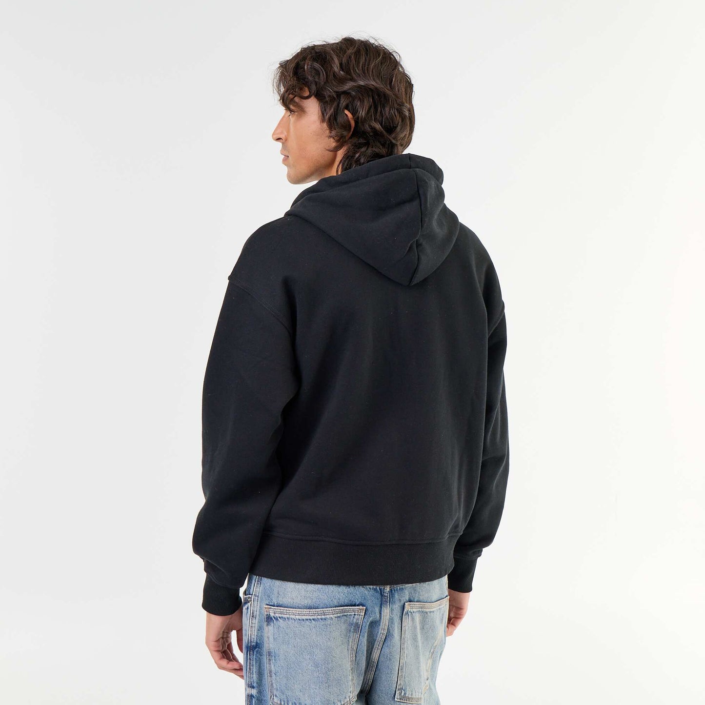 Plain zip-up hooded sweatshirt BLACK