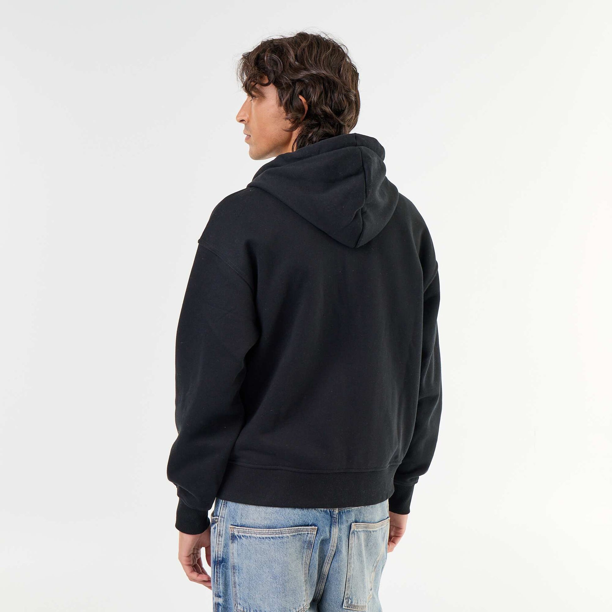 Plain zip-up hooded sweatshirt BLACK
