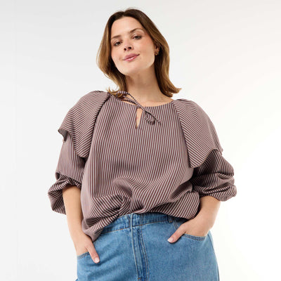 Flowy Long-Sleeve Blouse with Large Ruffle Collar BROWN
