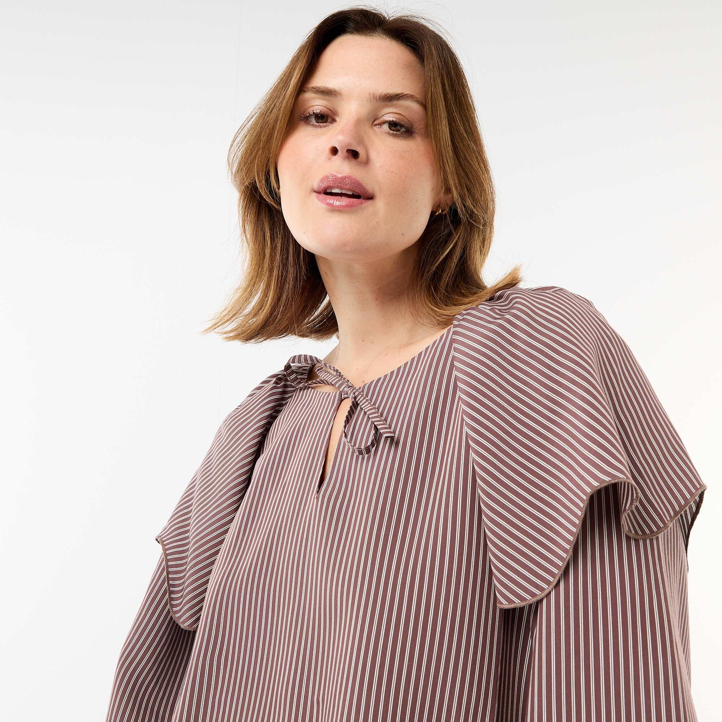 Flowy Long-Sleeve Blouse with Large Ruffle Collar BROWN