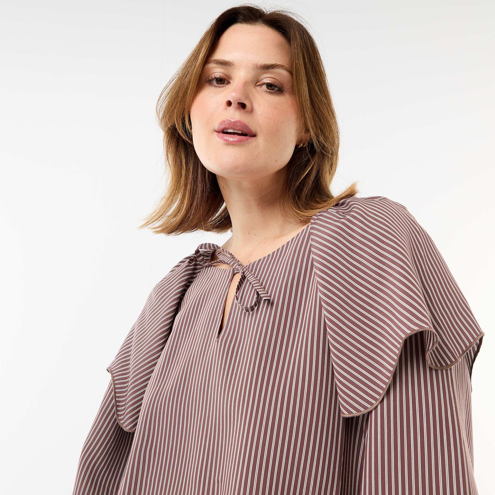 Flowy Long-Sleeve Blouse with Large Ruffle Collar BROWN