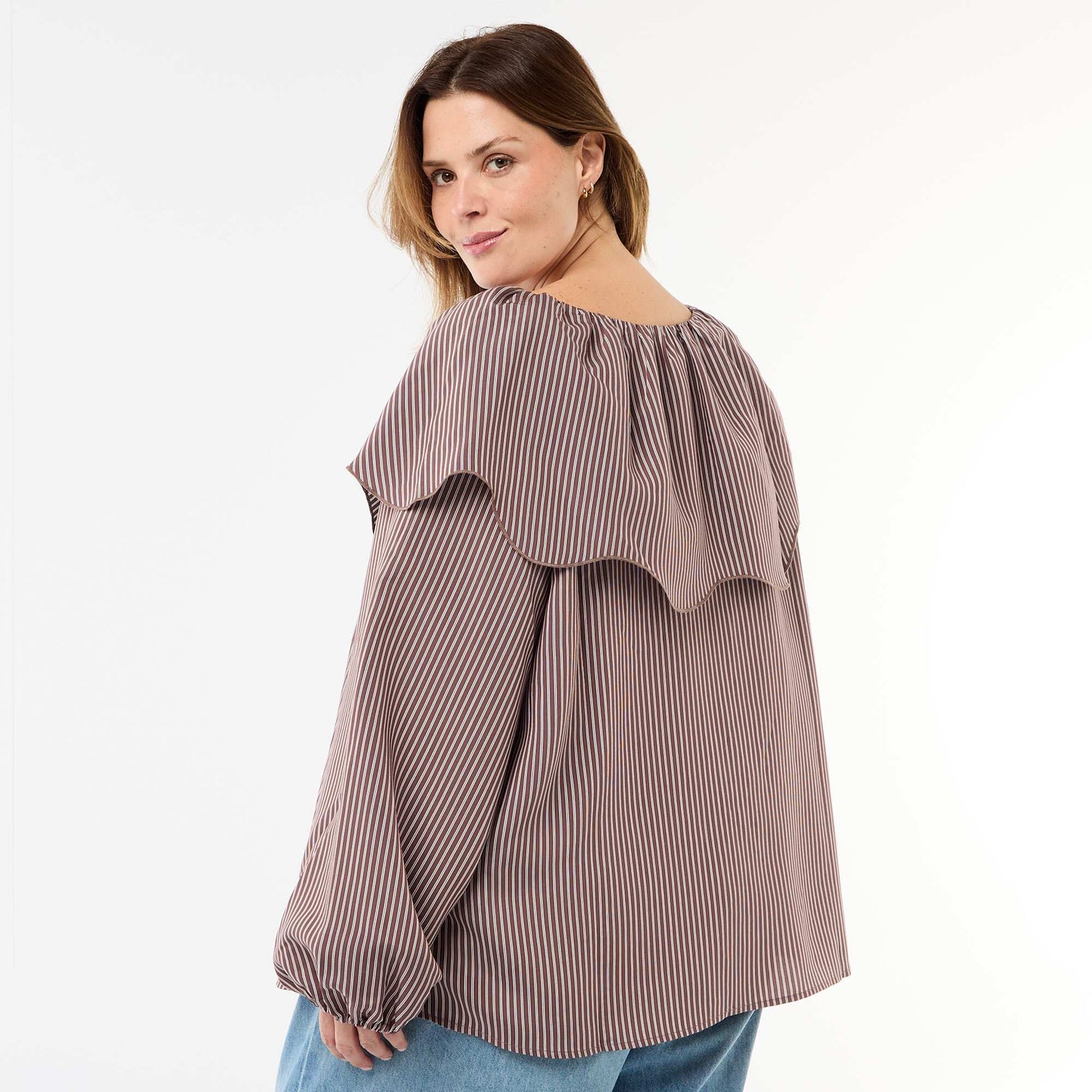 Flowy Long-Sleeve Blouse with Large Ruffle Collar BROWN