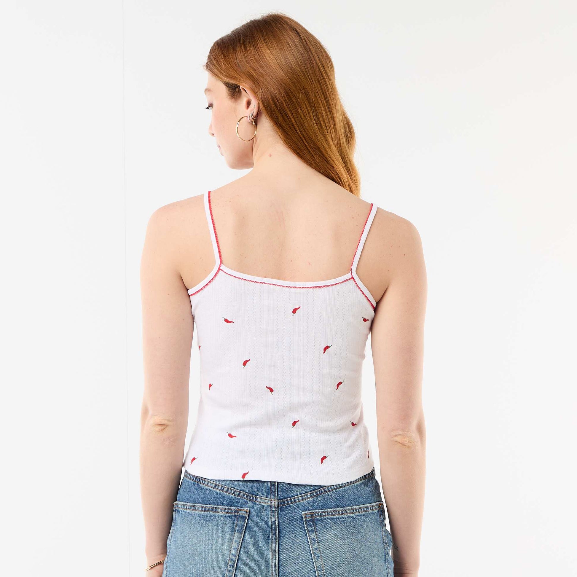Pointelle knit tank top with 'chilli' pattern WHITE