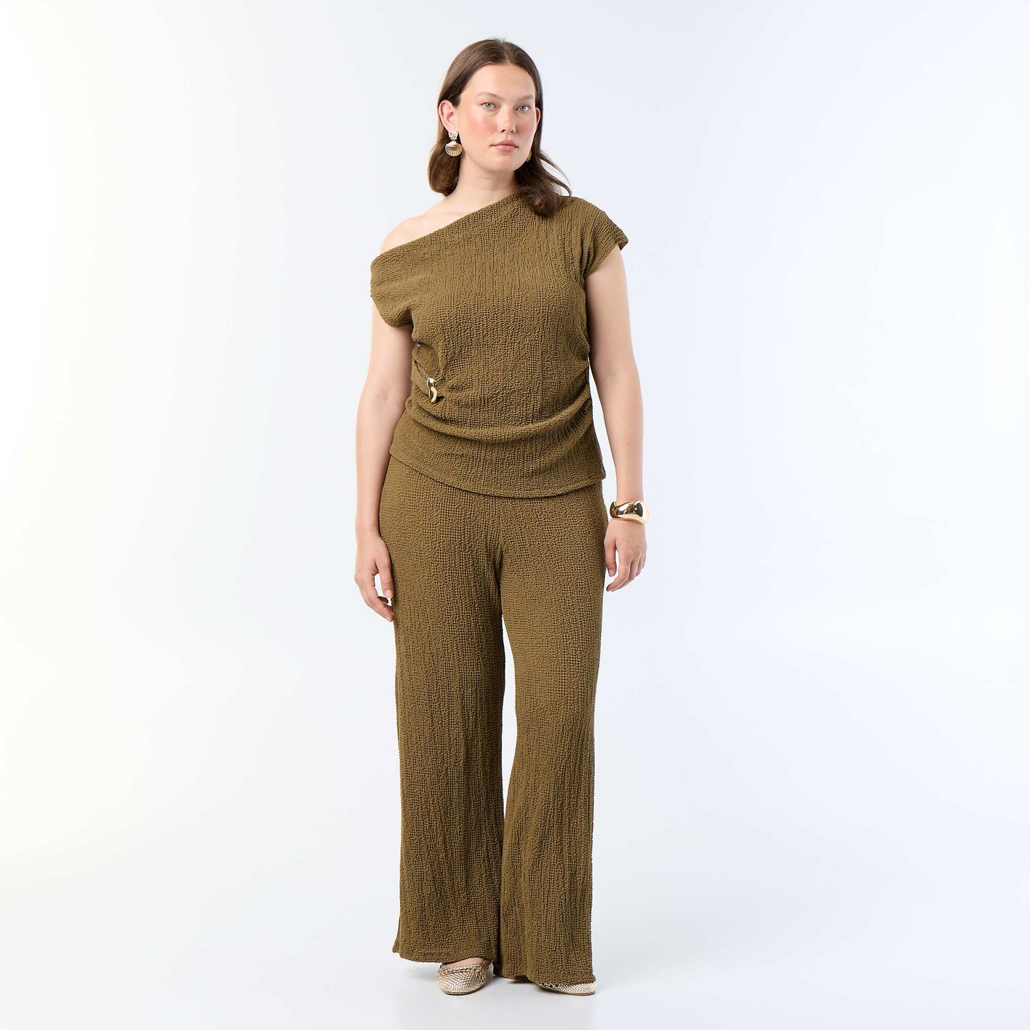 Waffle knit wide-leg trousers KHAKI