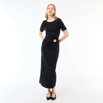 Draped Long Dress with Jewel Detail BLACK