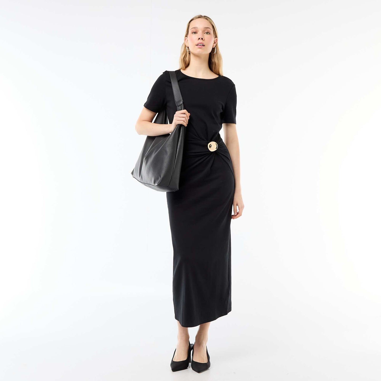 Draped Long Dress with Jewel Detail BLACK