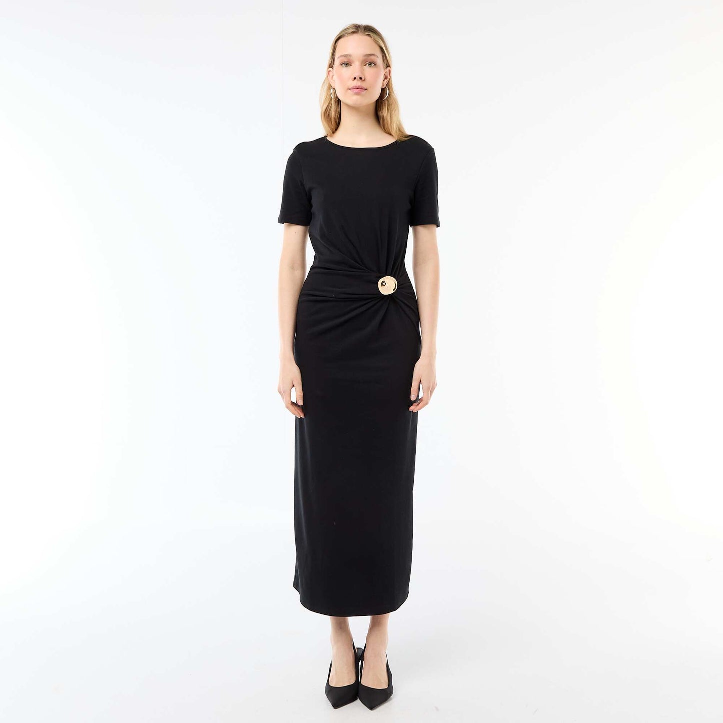 Draped Long Dress with Jewel Detail BLACK