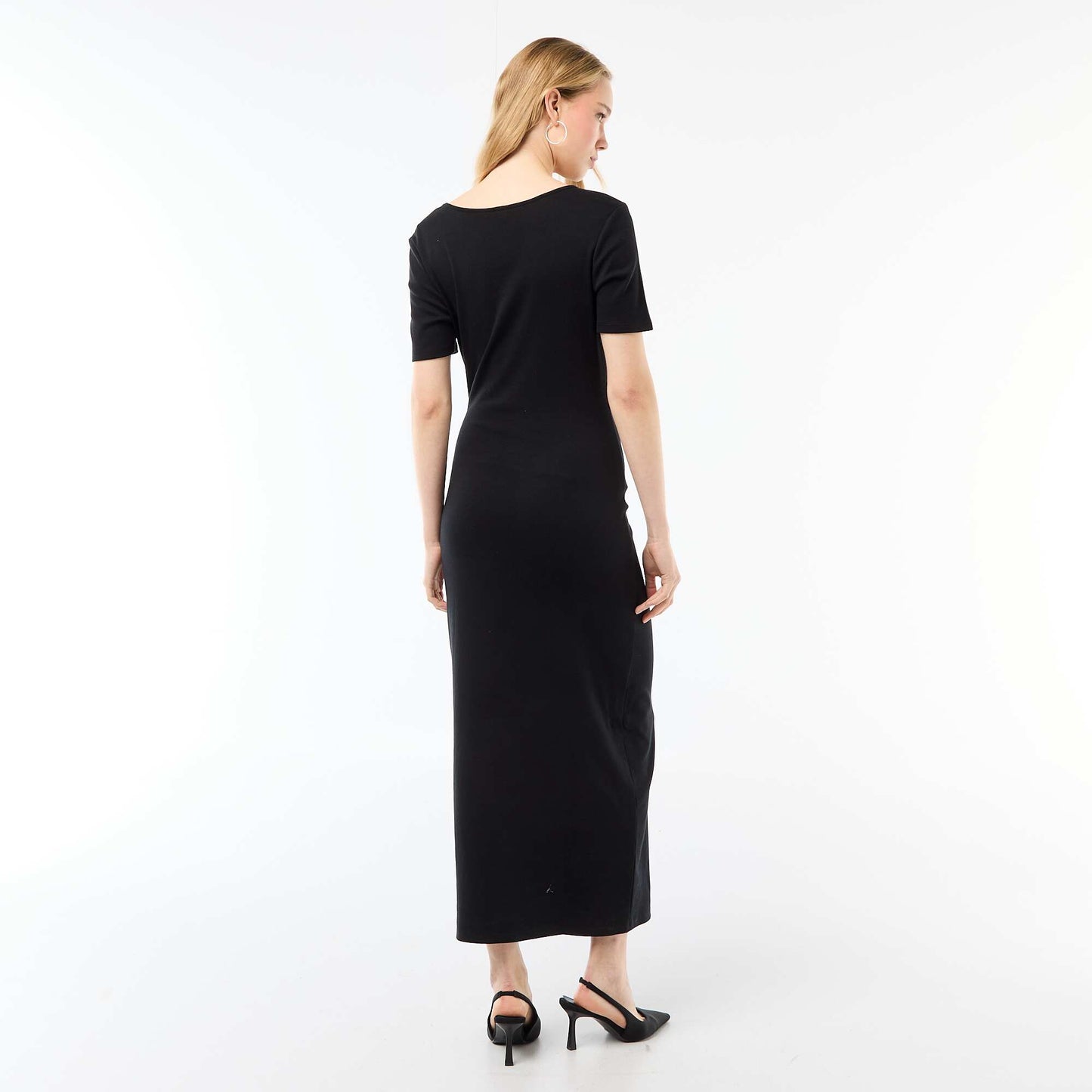 Draped Long Dress with Jewel Detail BLACK