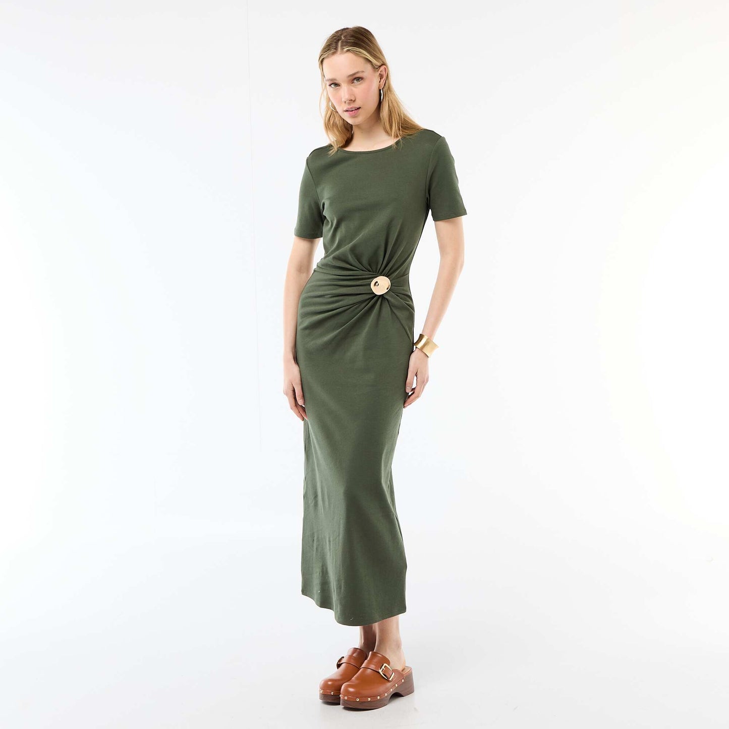 Draped Long Dress with Jewel Detail GREEN