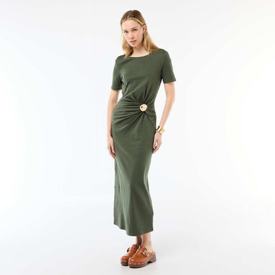 Draped Long Dress with Jewel Detail GREEN
