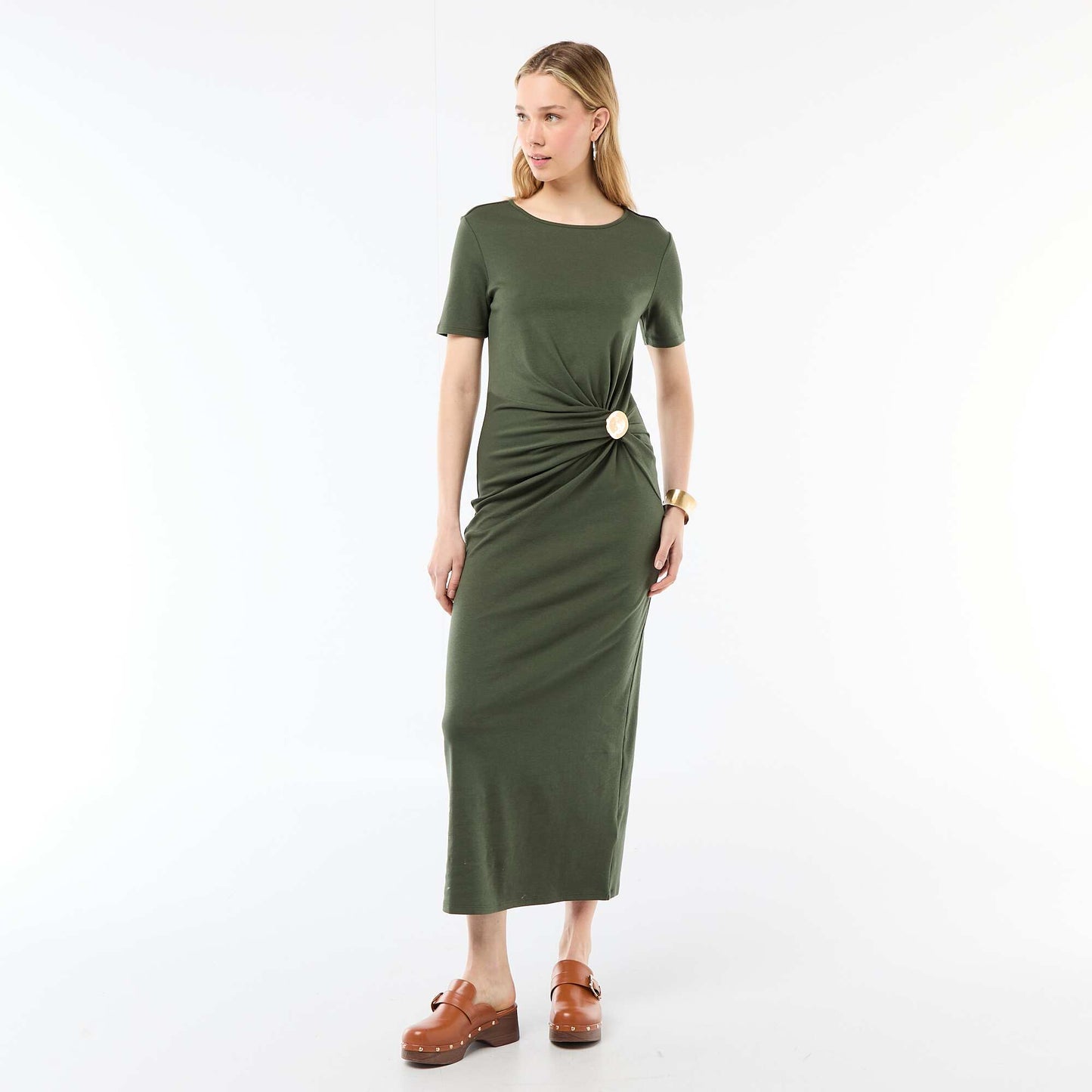 Draped Long Dress with Jewel Detail GREEN