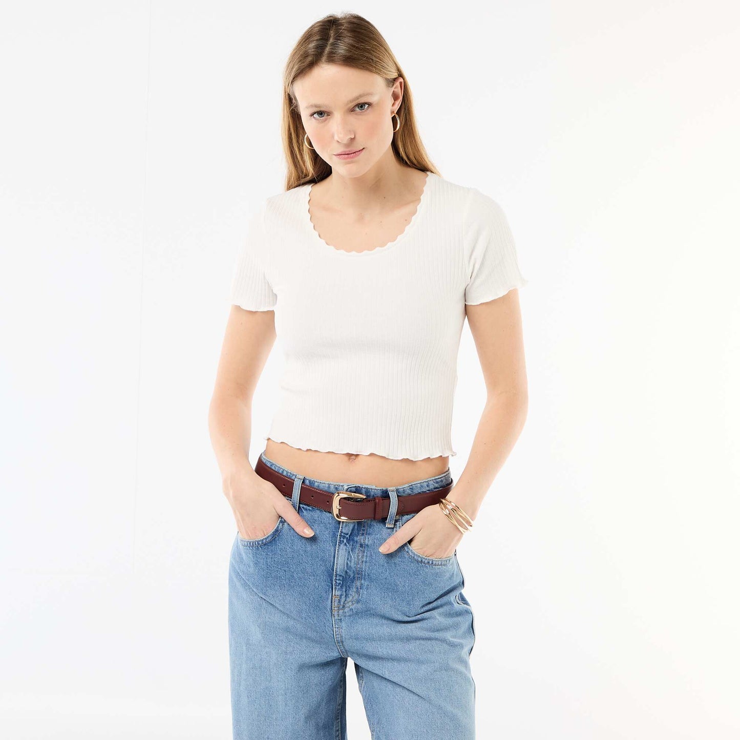 Ribbed Short-Sleeve T-Shirt with Ruffle Details WHITE