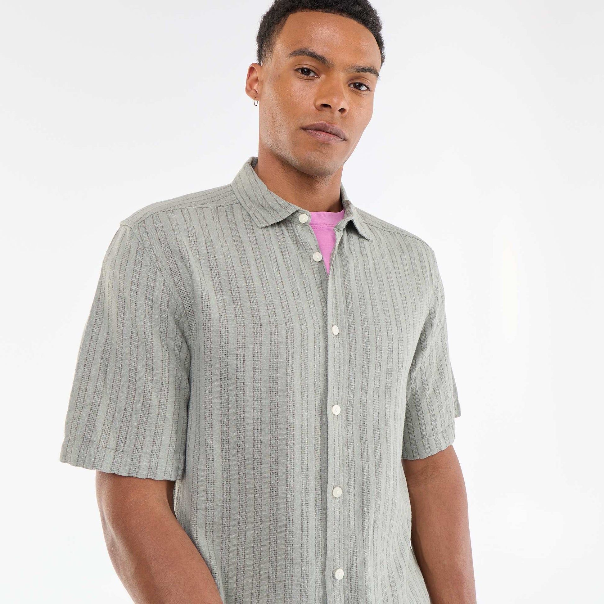 Short-sleeved crochet knit shirt GREEN