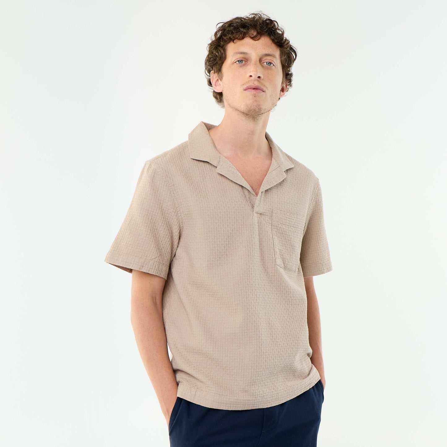 Short-sleeved shirt in fancy knit BEIGE