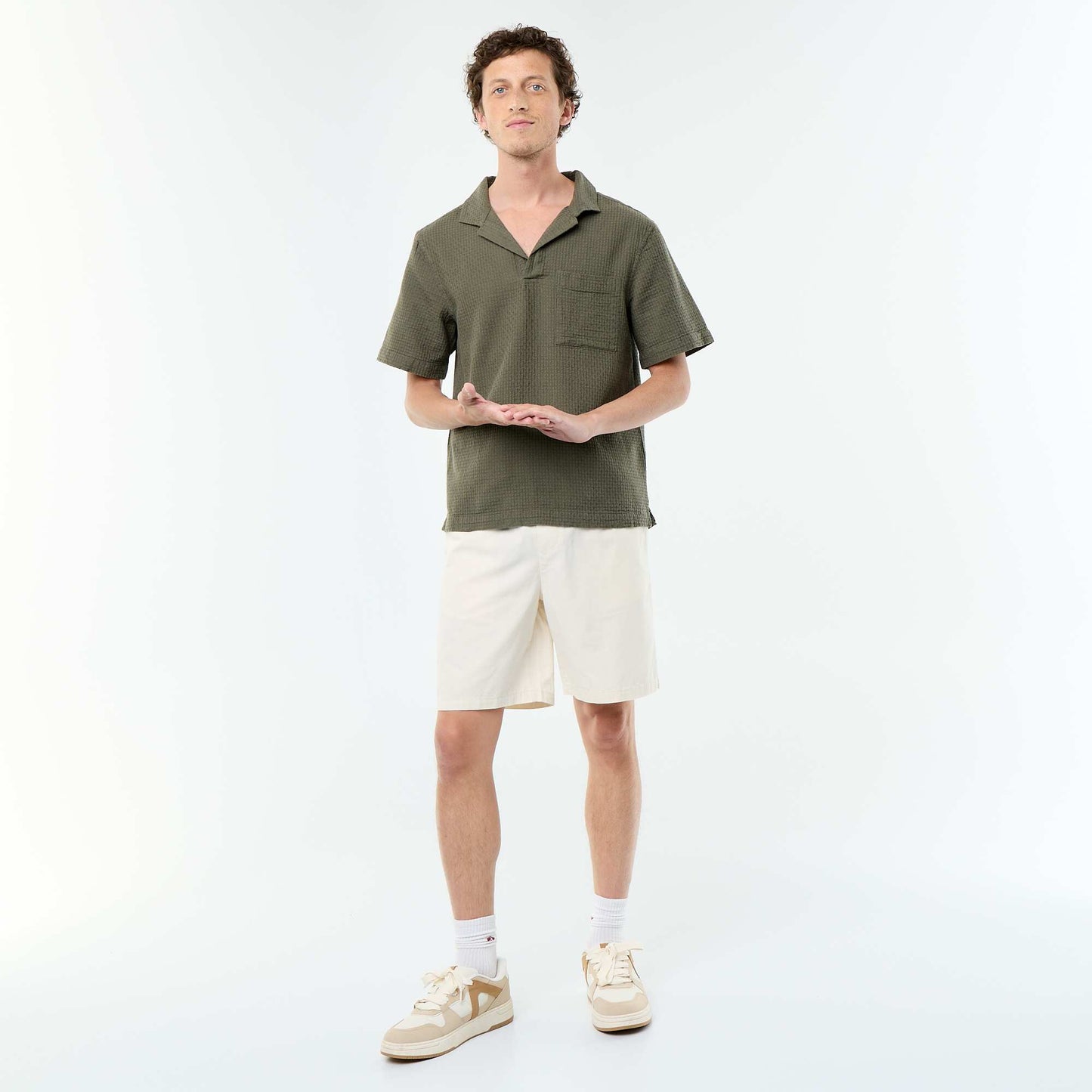 Short-sleeved shirt in fancy knit KHAKI