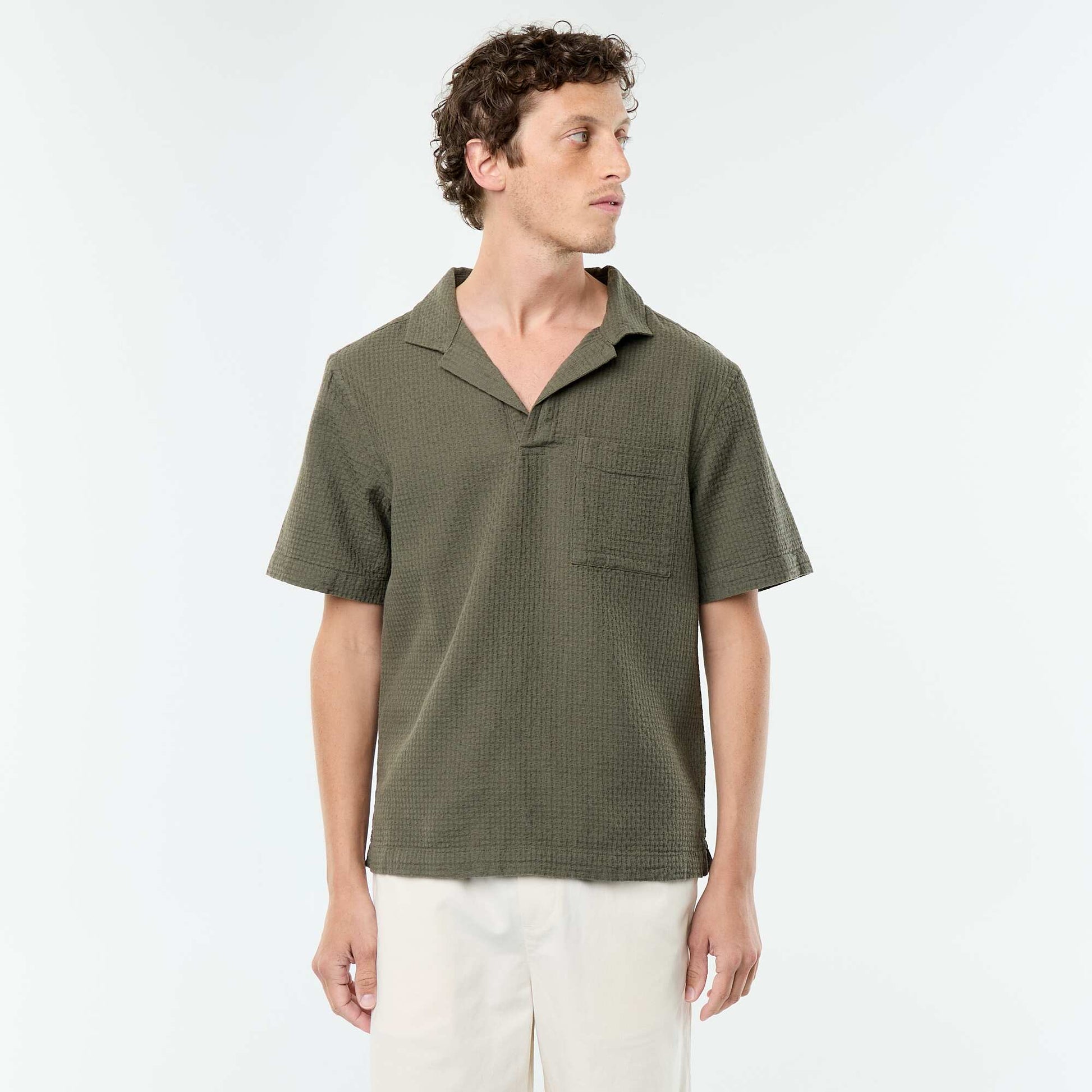 Short-sleeved shirt in fancy knit KHAKI