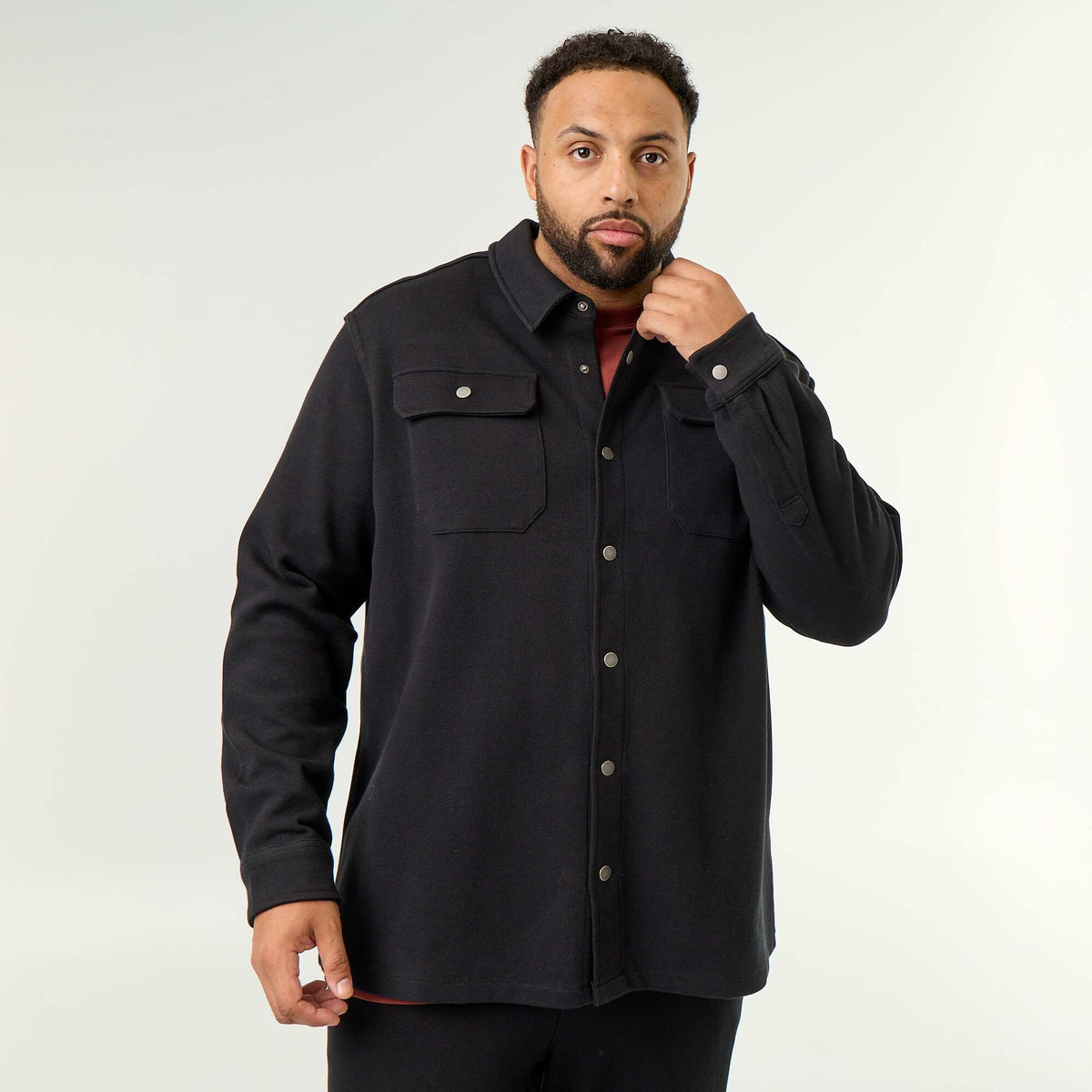 Solid Pique Knit Overshirt BLACK