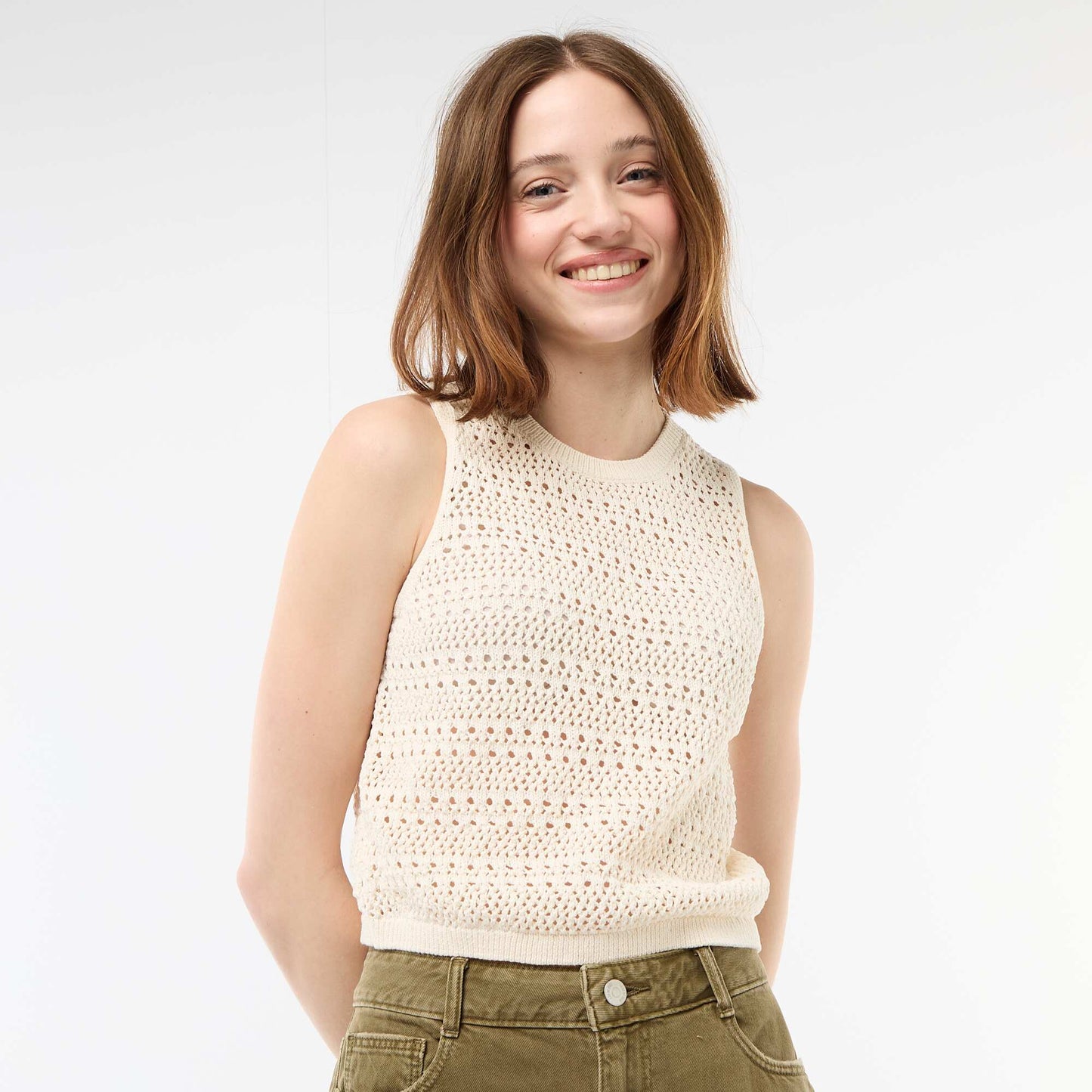 Openwork Crochet Top with Wide Armholes BEIGE