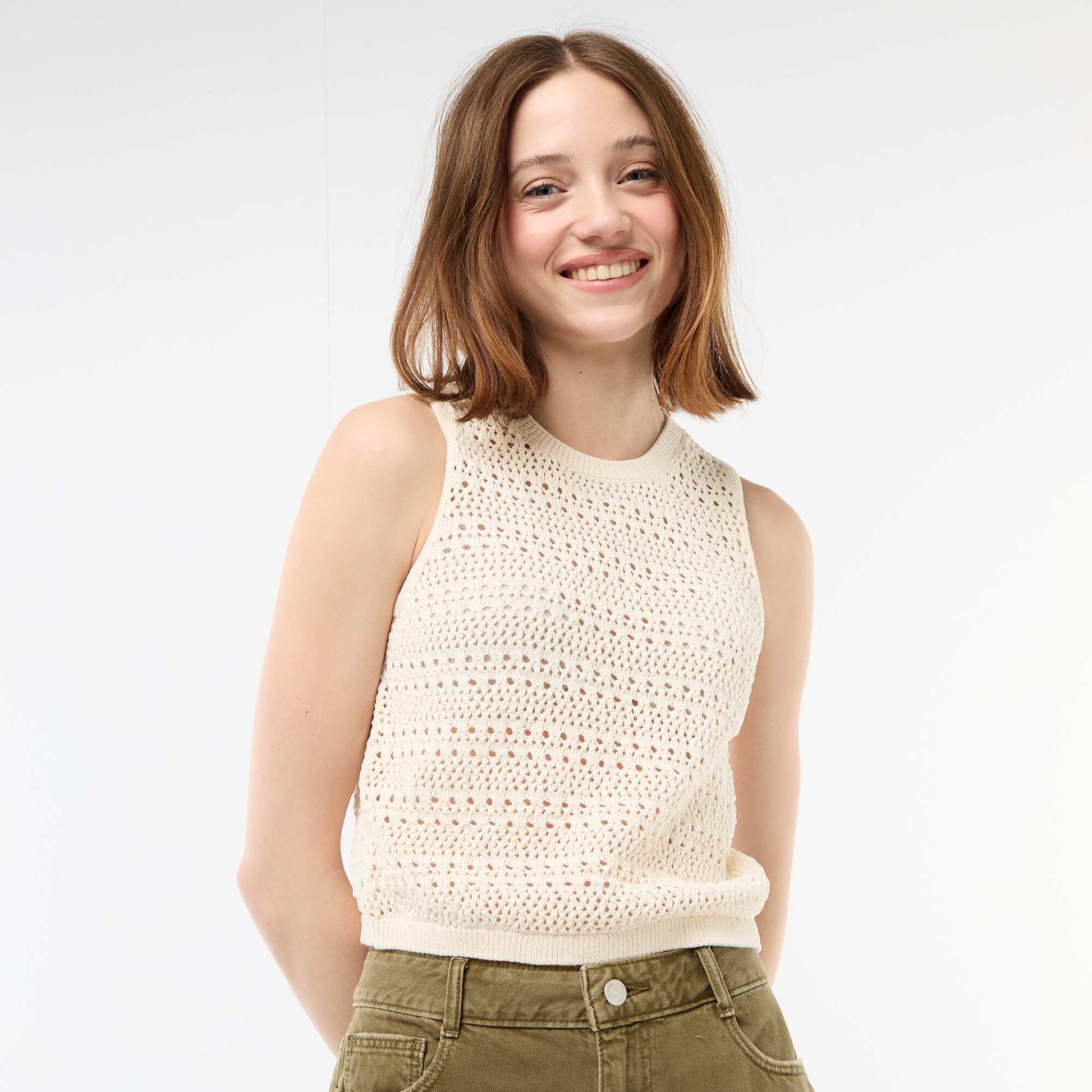 Openwork Crochet Top with Wide Armholes BEIGE
