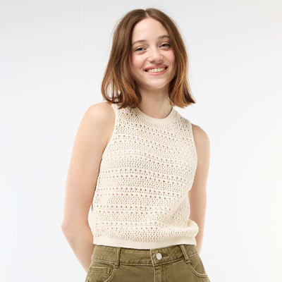 Openwork Crochet Top with Wide Armholes BEIGE