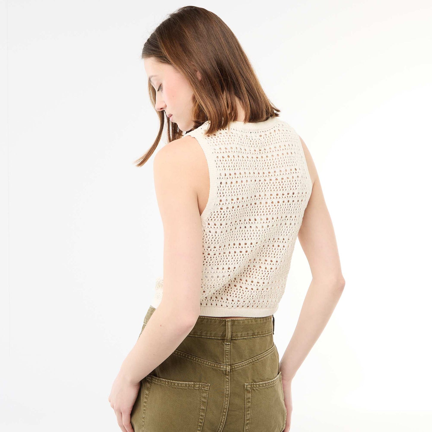 Openwork Crochet Top with Wide Armholes BEIGE