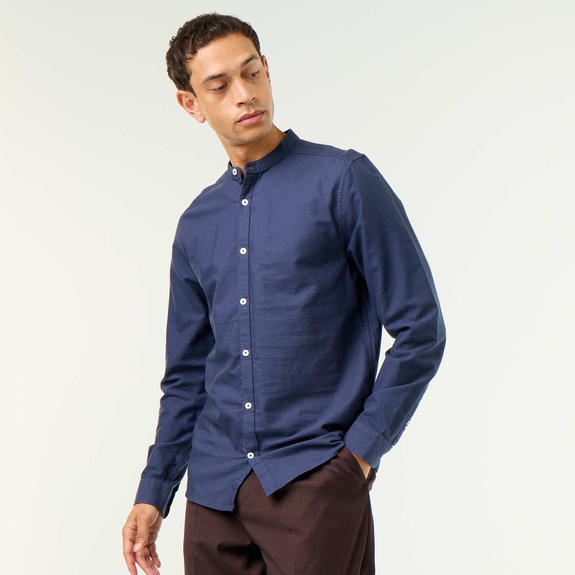 Plain Mao Collar Shirt BLUE