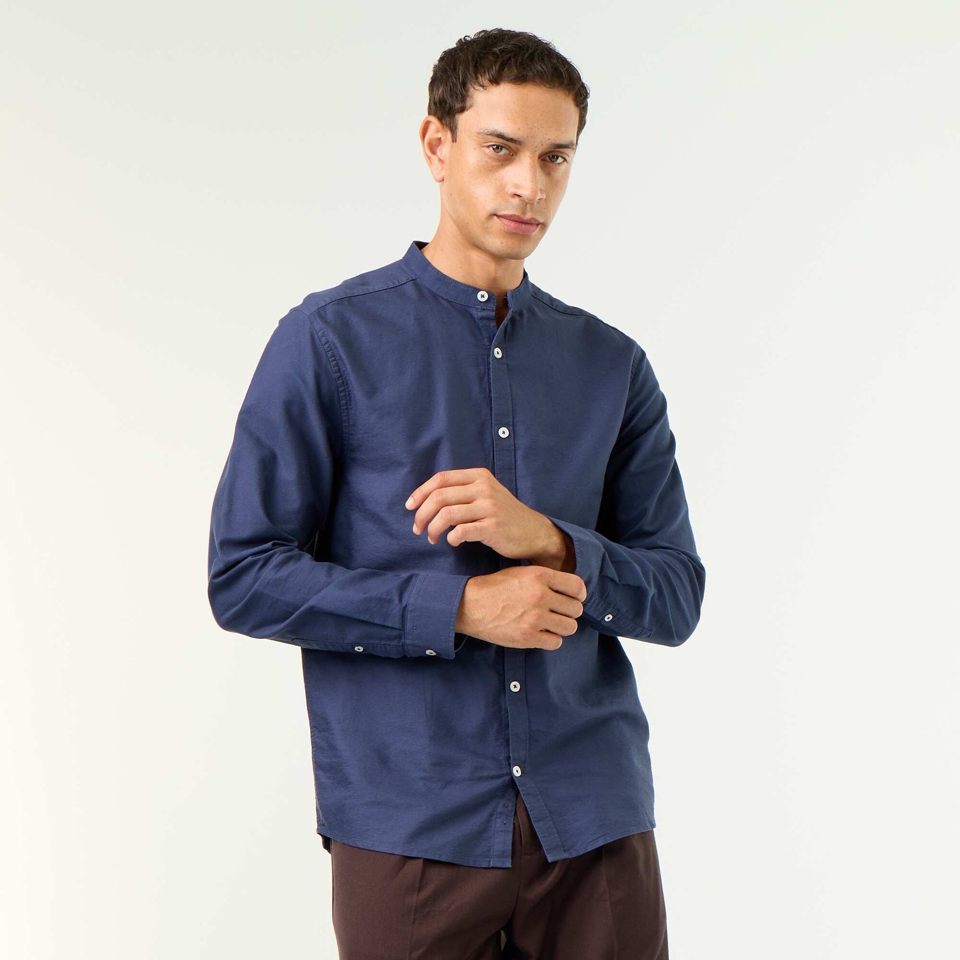 Plain Mao Collar Shirt BLUE