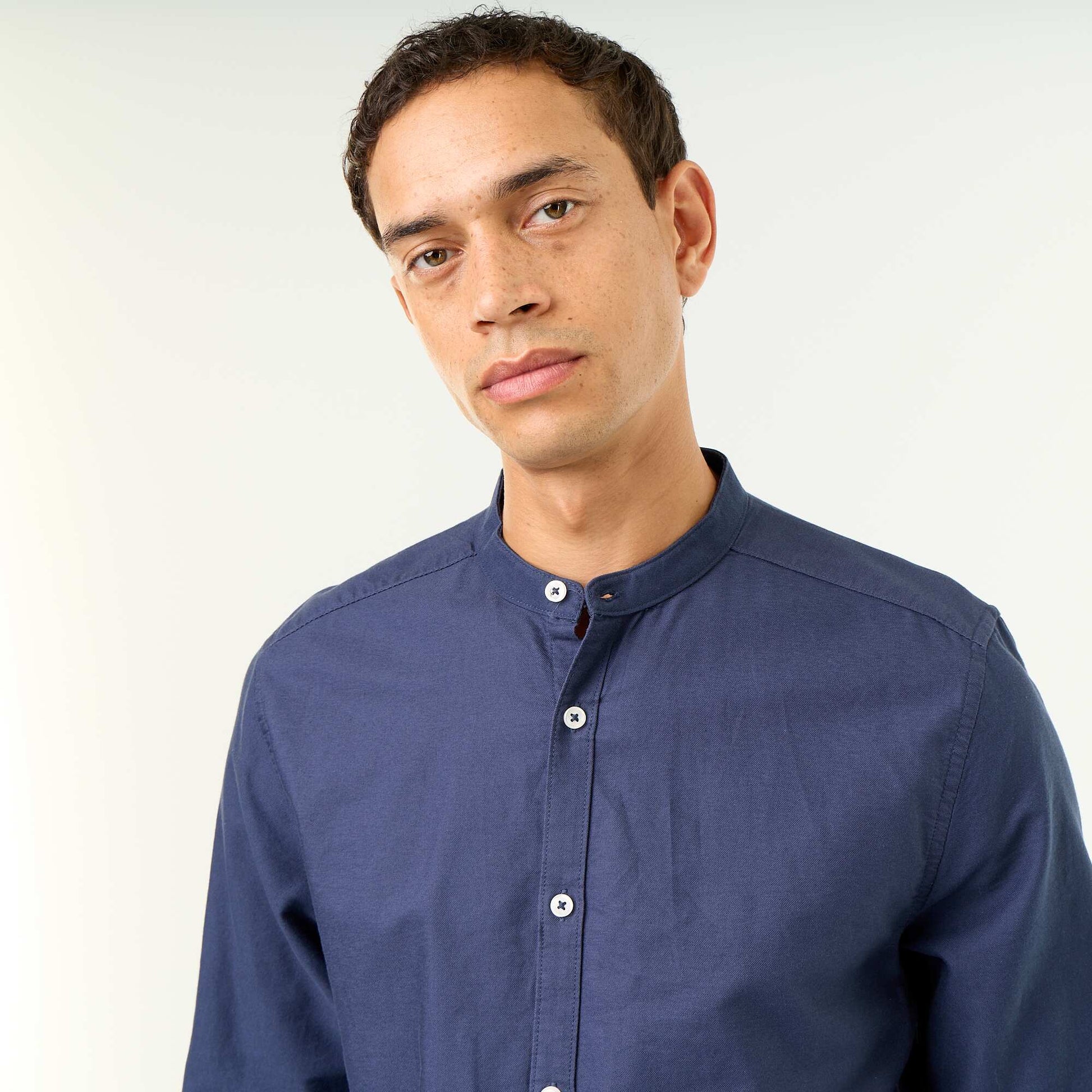 Plain Mao Collar Shirt BLUE