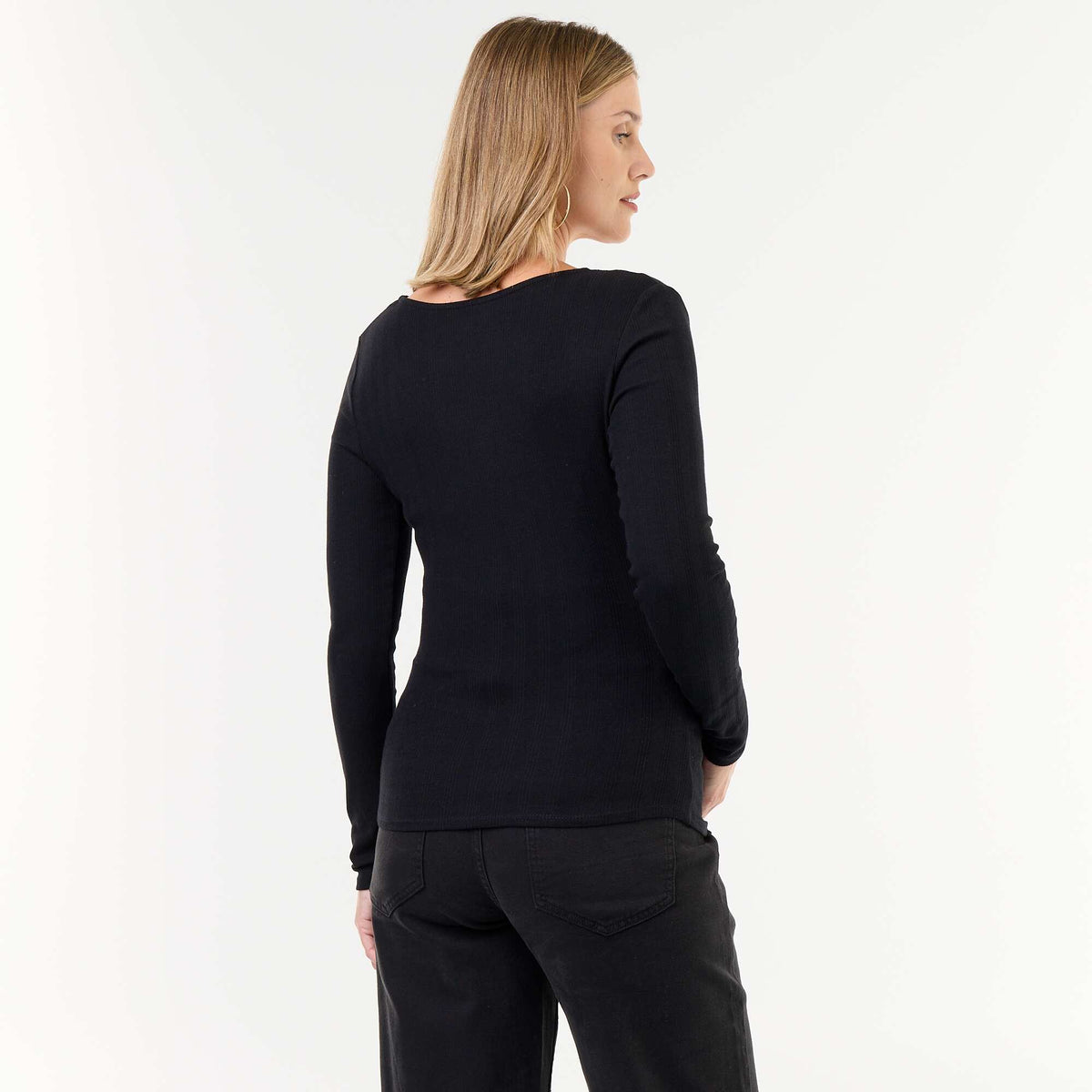 Women's 2x2 ribbed cotton long-sleeved T-shirt BLACK
