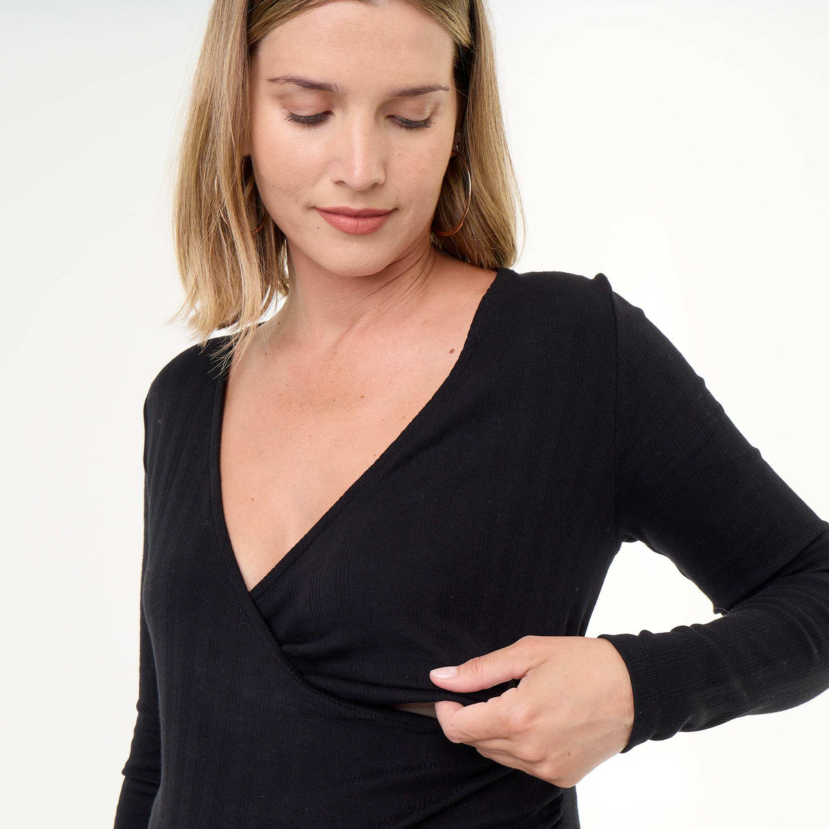 Women's 2x2 ribbed cotton long-sleeved T-shirt BLACK