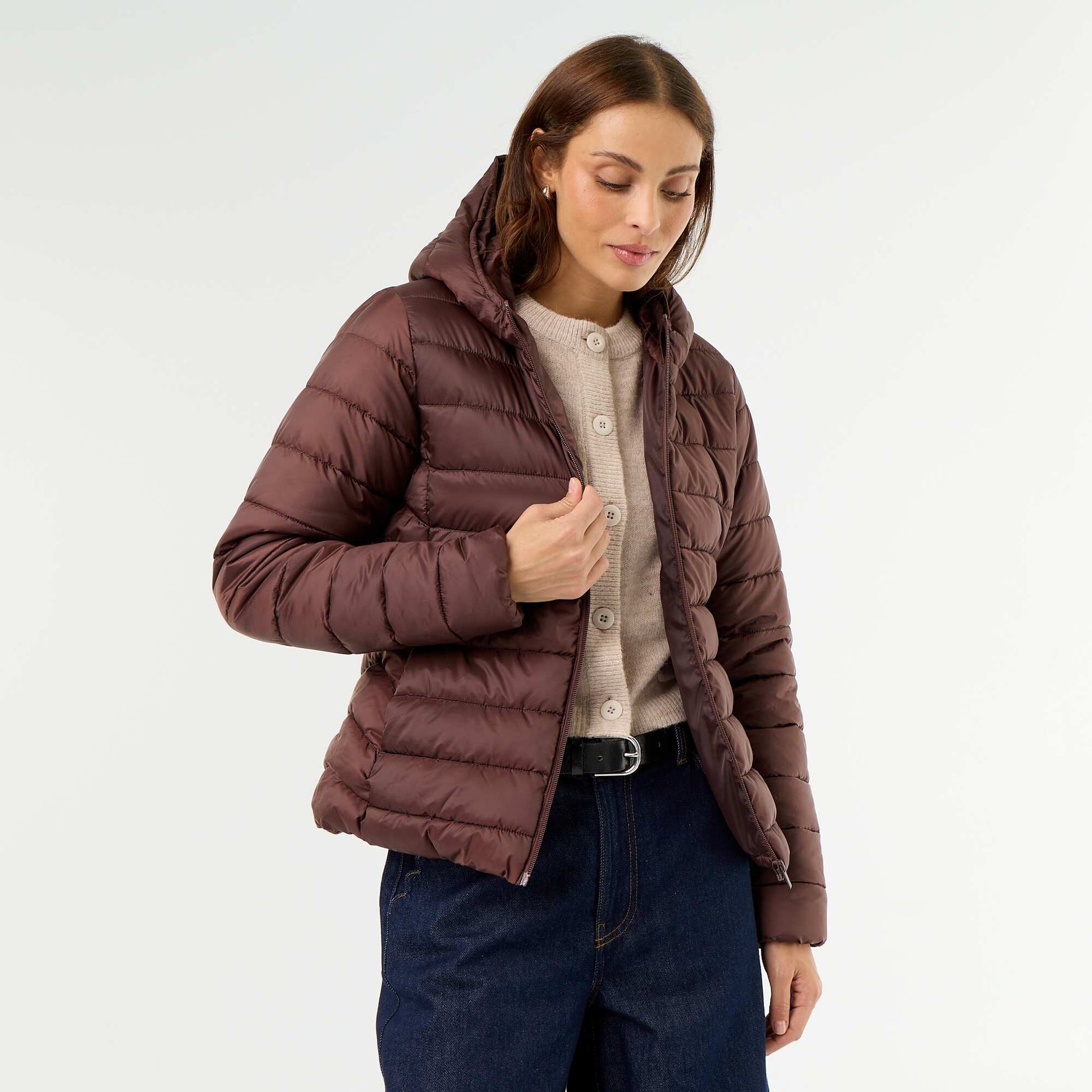 Lightweight Hooded Quilted Puffer Jacket BROWN