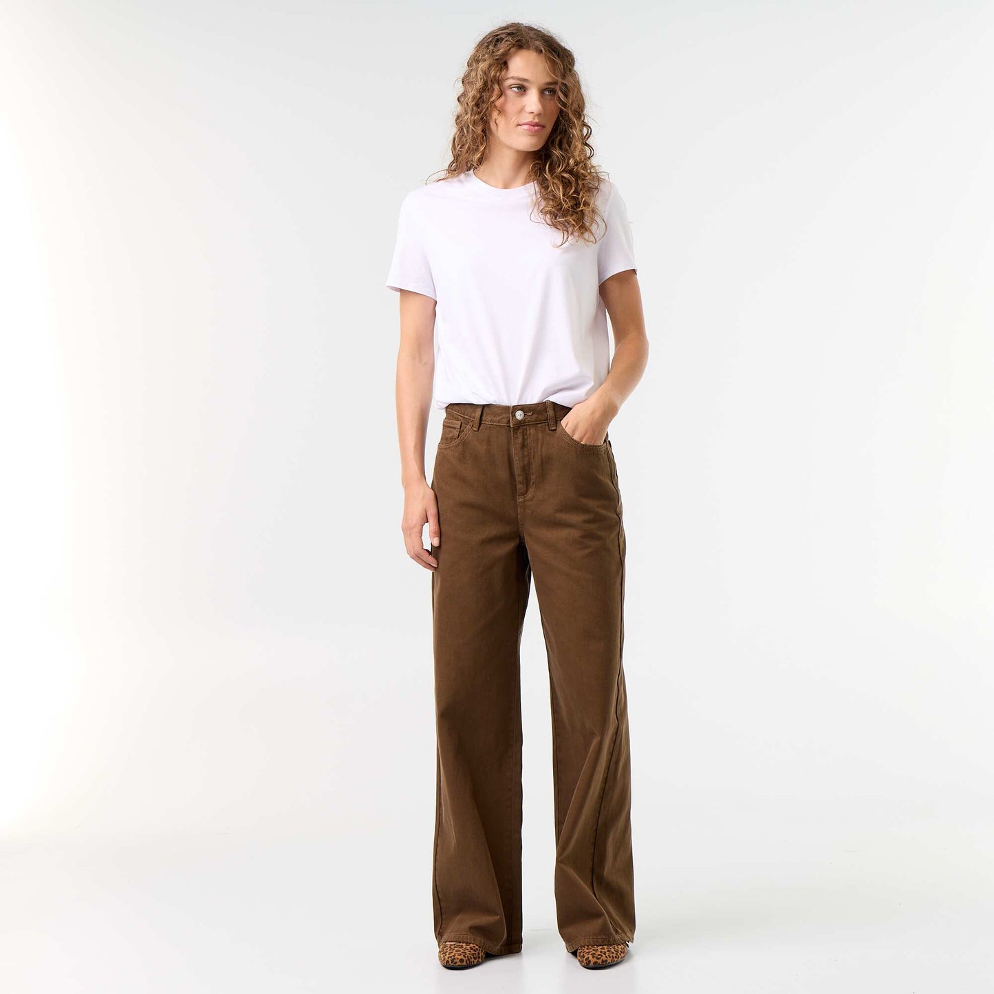 High-waisted wide-leg twill pants BROWN