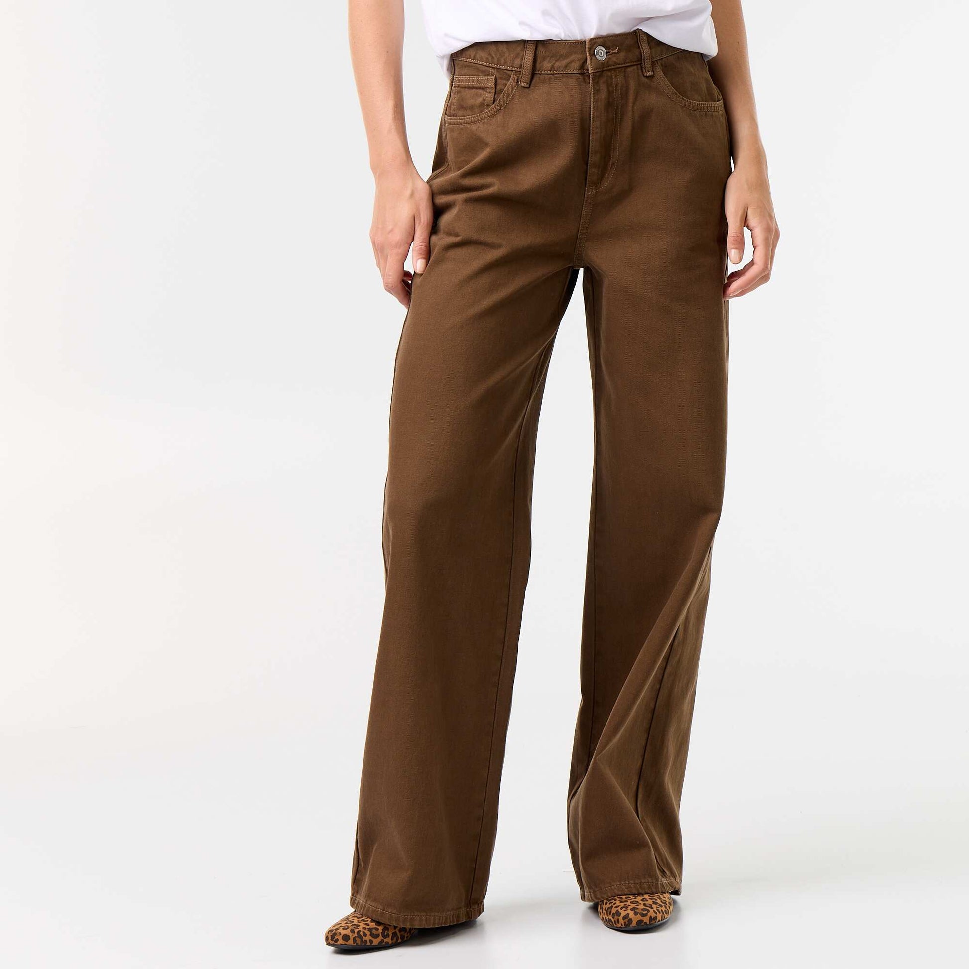High-waisted wide-leg twill pants BROWN