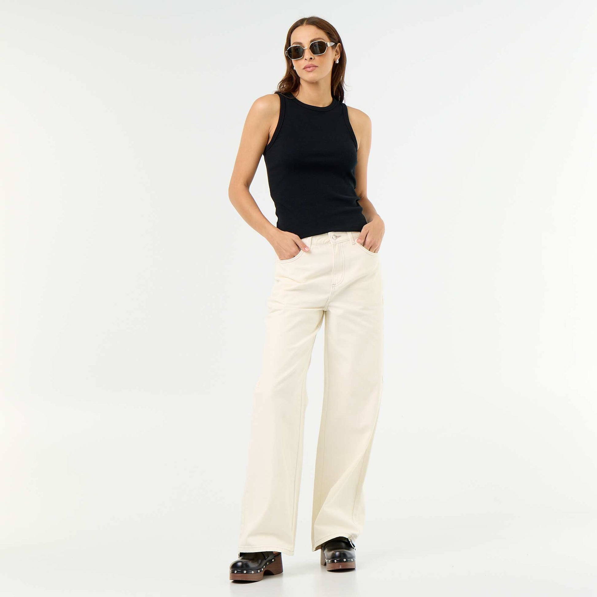 High-waisted wide-leg twill pants BEIGE